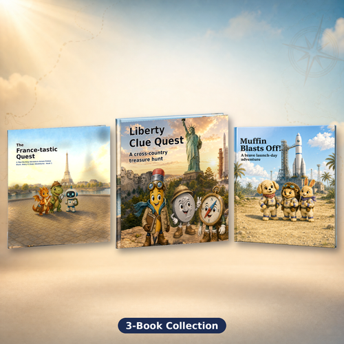 Quest Books 3-Book Collection - The France-tastic Quest, Liberty Clue Quest and Muffin Blasts Off! hardcover picture books, 3D mockup (no bookmarks)