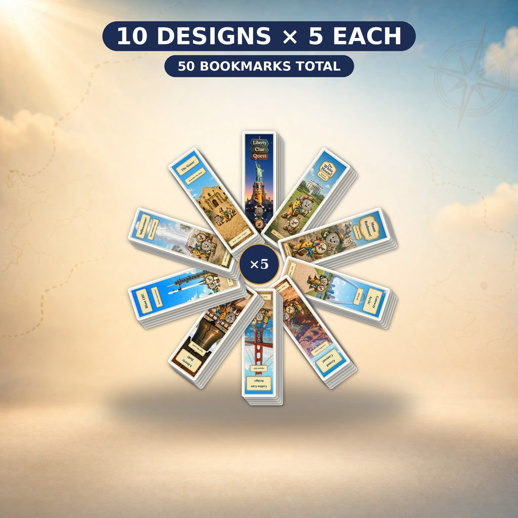 5 identical U.S. Landmarks bookmark sets — 10 designs each, 50 bookmarks total