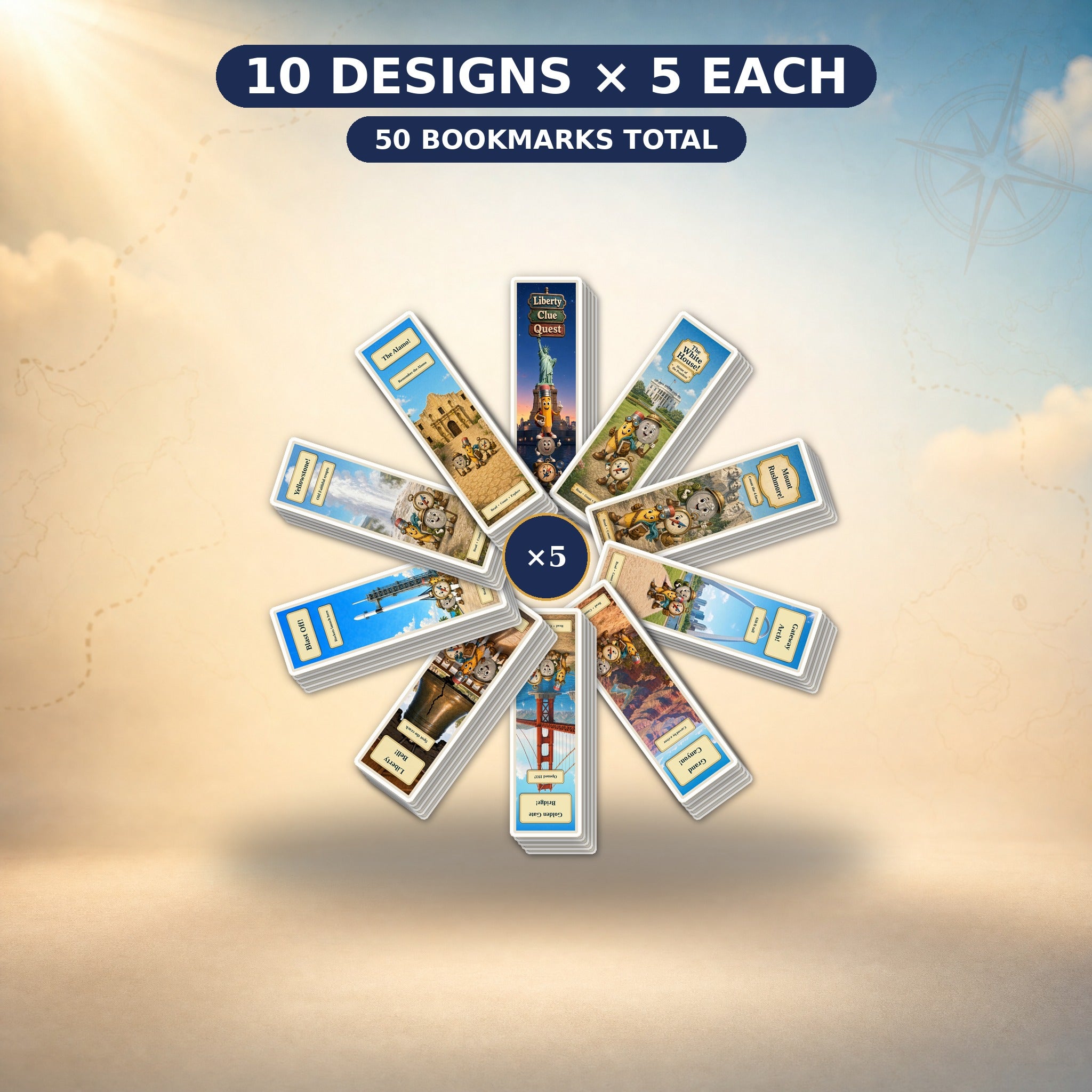5 identical U.S. Landmarks bookmark sets — 10 designs each, 50 bookmarks total