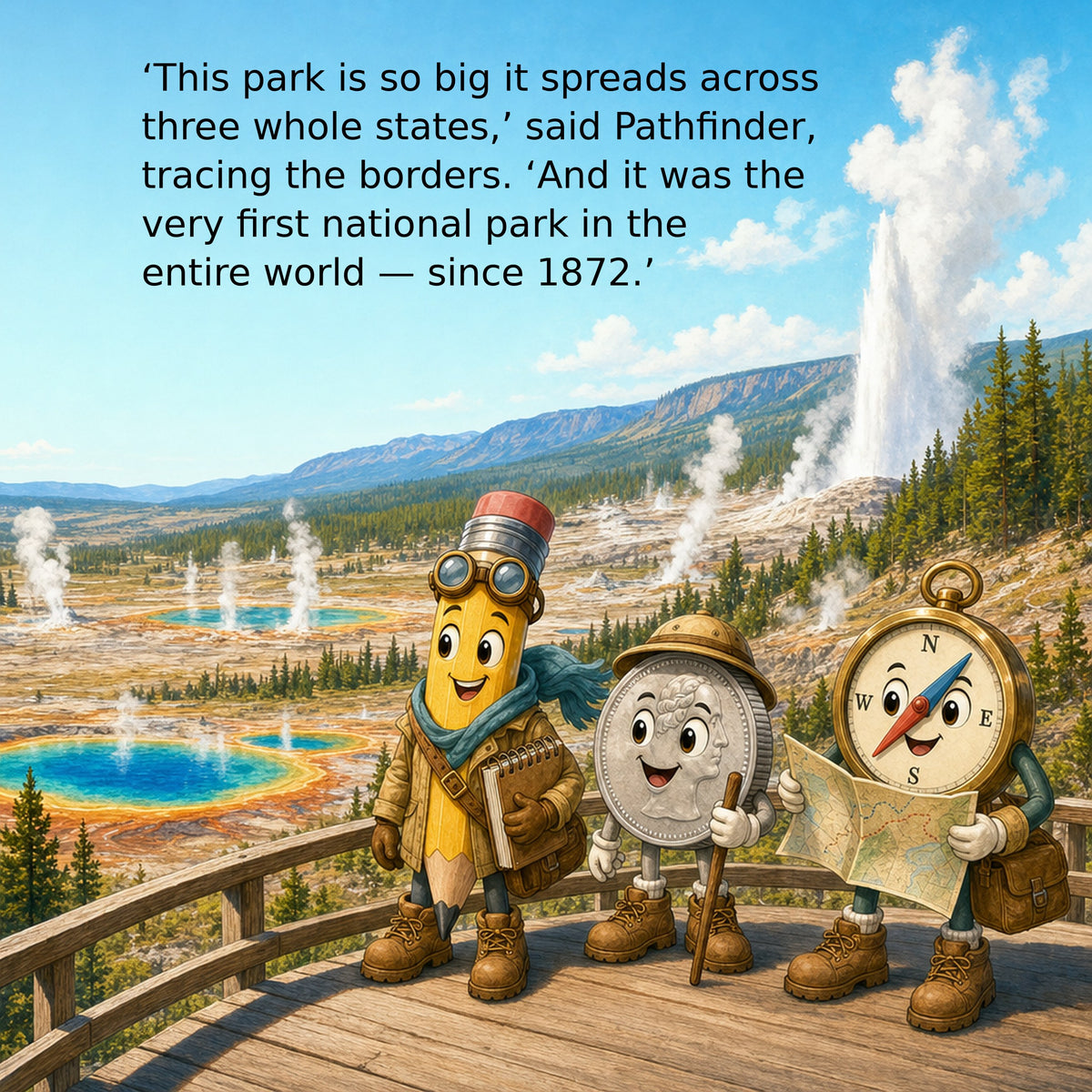 Liberty Clue Quest interior page — geysers and hot springs at Yellowstone