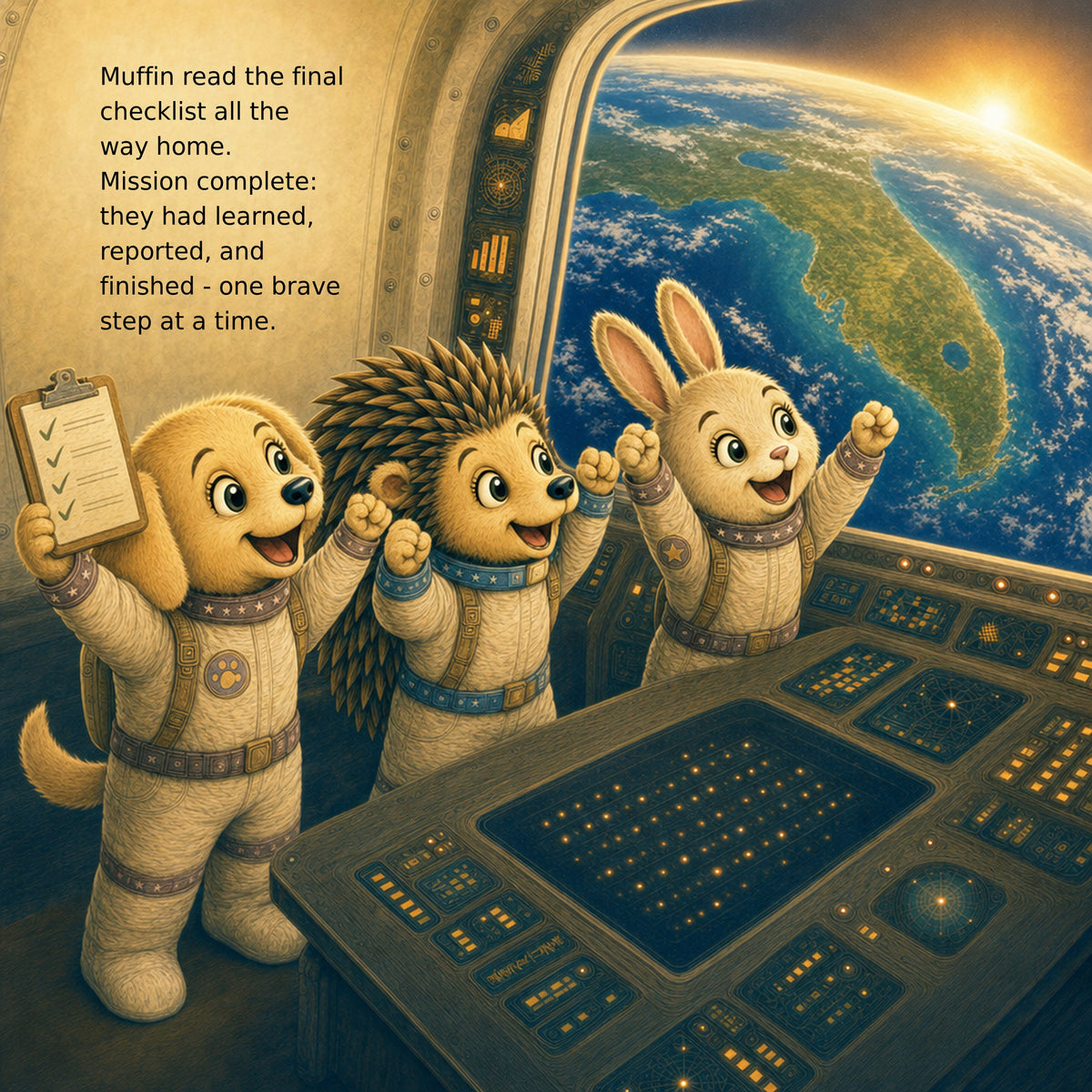 Muffin Blasts Off! interior page — returning home with Earth in the window