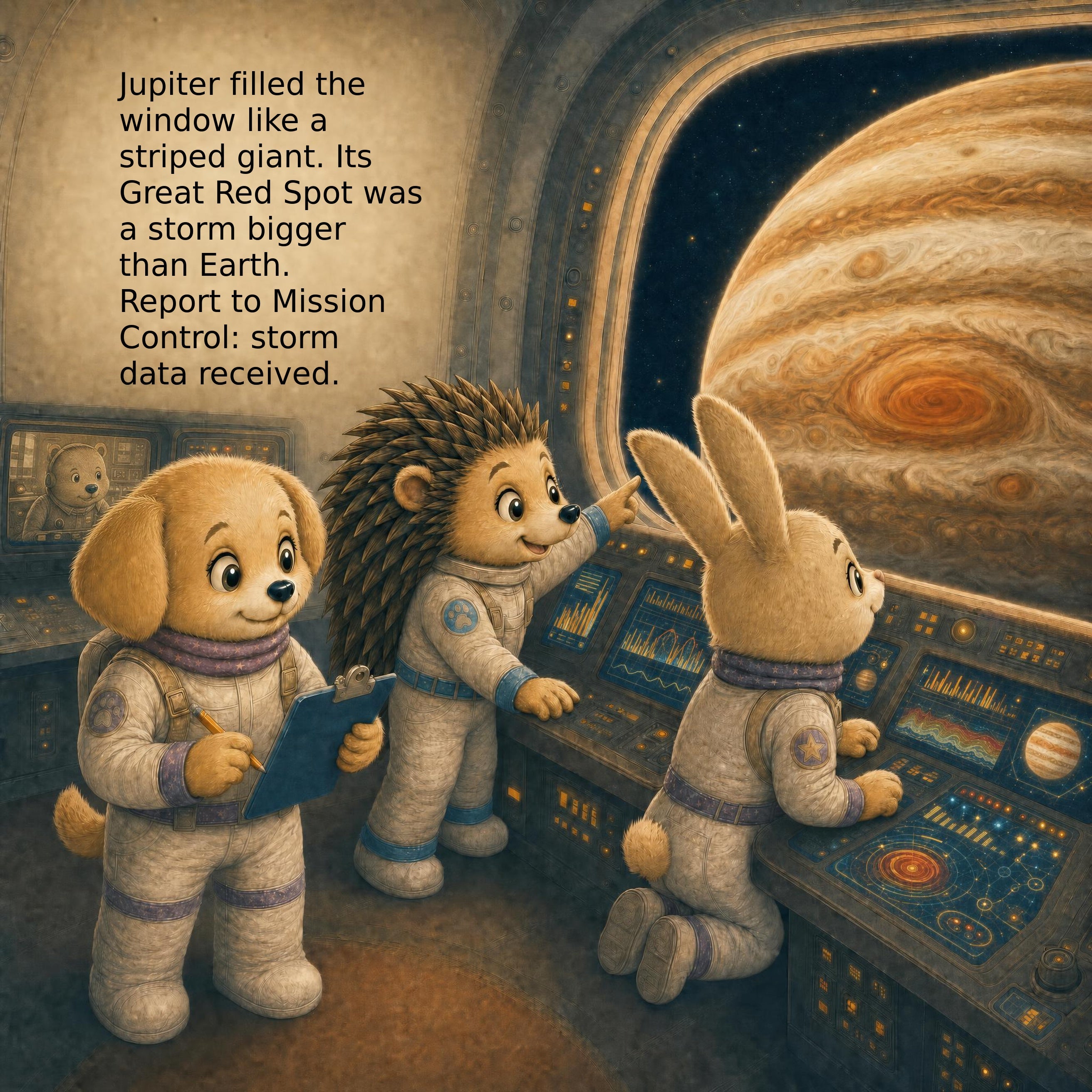 Muffin Blasts Off! interior page — flying past Jupiter