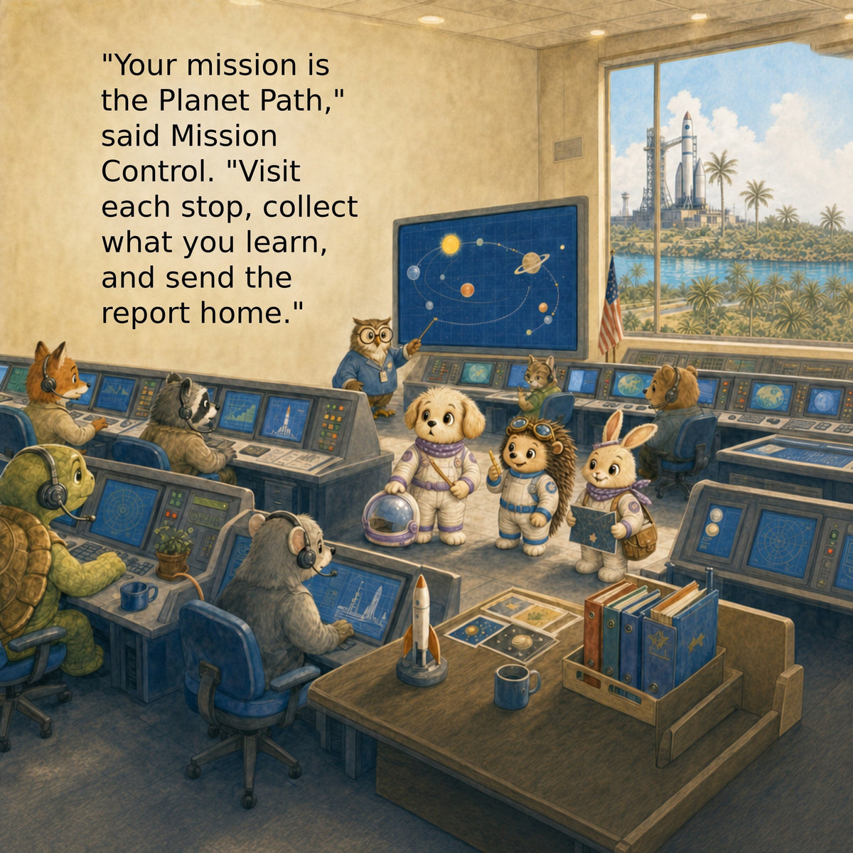 Muffin Blasts Off! interior page — mission control briefing before launch