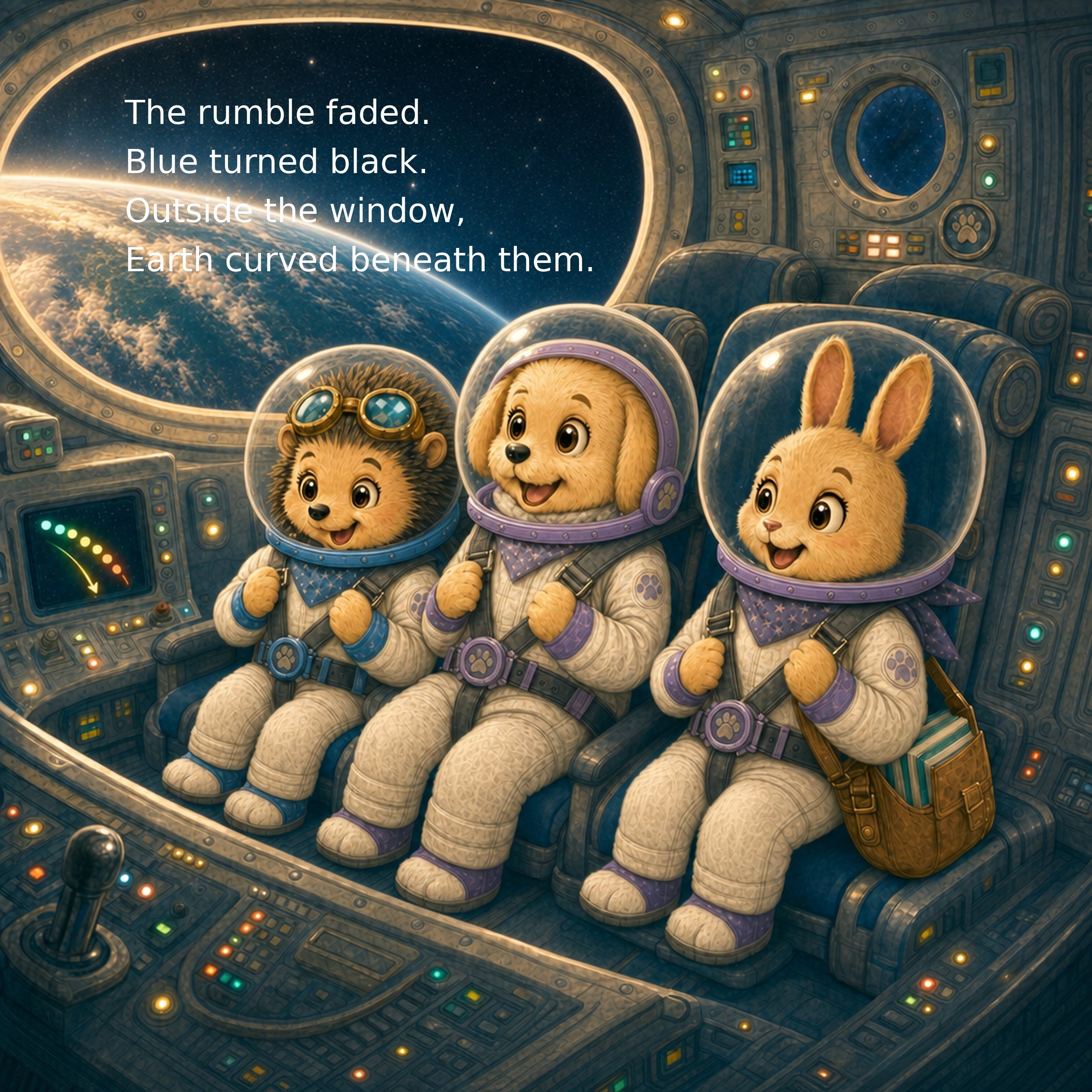 Muffin Blasts Off! interior page — Muffin the puppy reaching orbit in his rocket