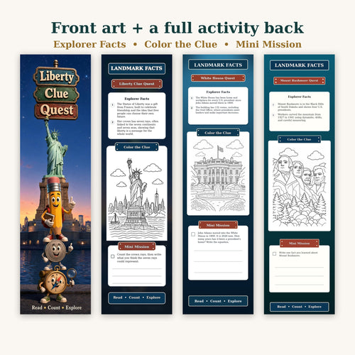 Adventure Trio U.S. Landmarks bookmark front art plus the full activity back: Landmark Facts header, quest badge, two Explorer Facts, a Color the Clue color-in landmark outline, and a Mini Mission write-in prompt.