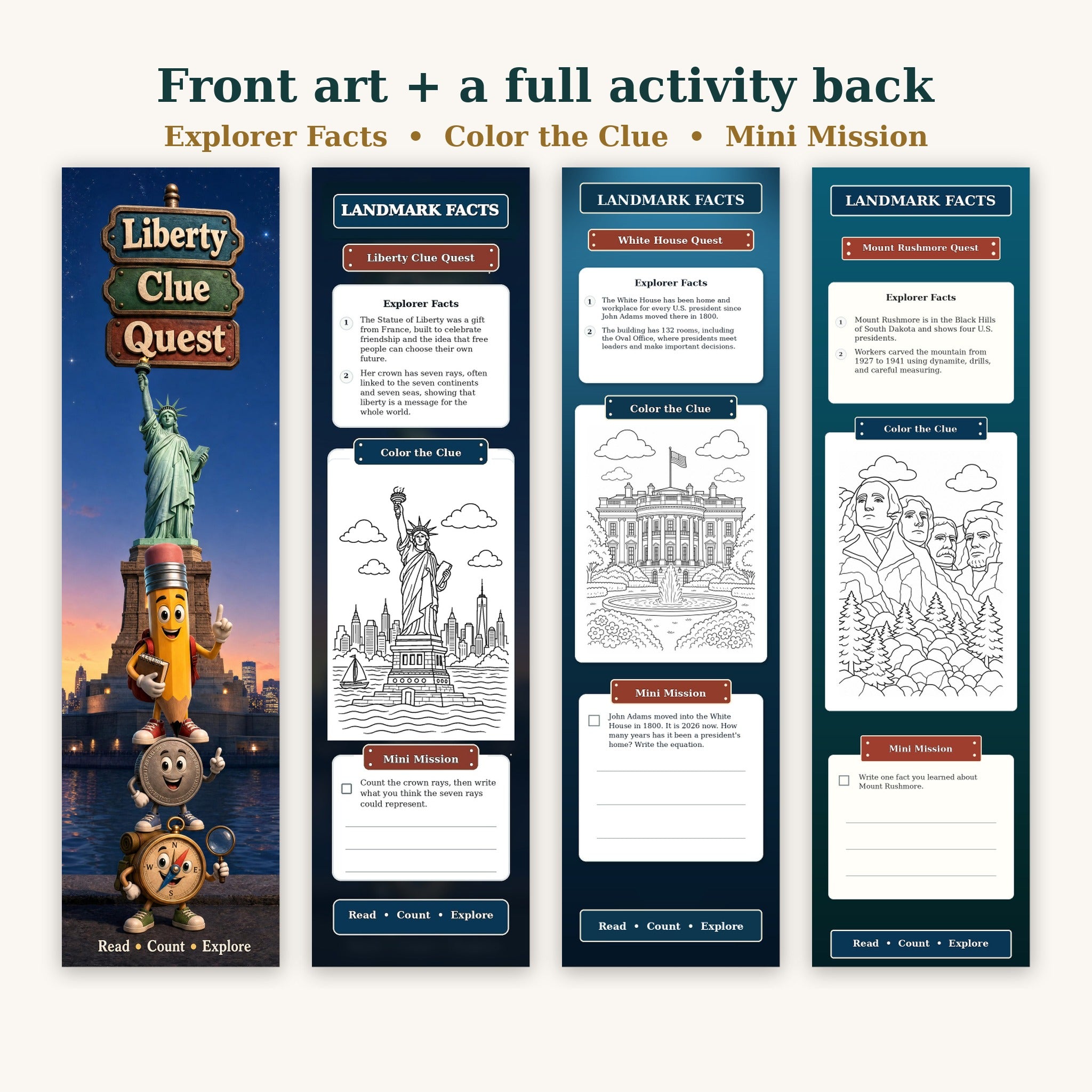 Adventure Trio U.S. Landmarks bookmark front art plus the full activity back: Landmark Facts header, quest badge, two Explorer Facts, a Color the Clue color-in landmark outline, and a Mini Mission write-in prompt.